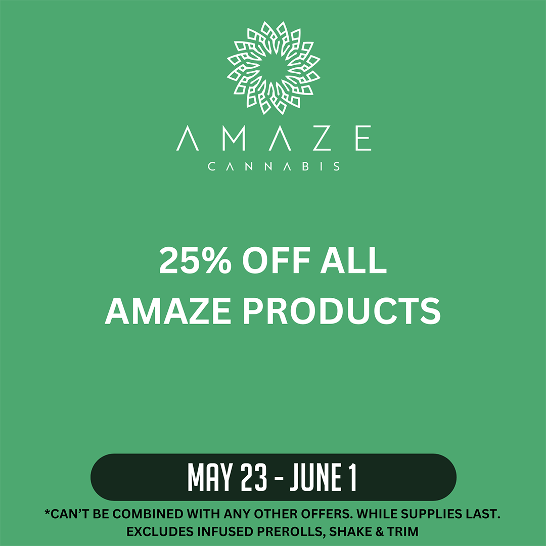 Amaze website deals page Sinse Cannabis logo on a green background. Text reading 25% off all Sinse Products May 23-26. Can't be combined with any other offers. While supplies last.