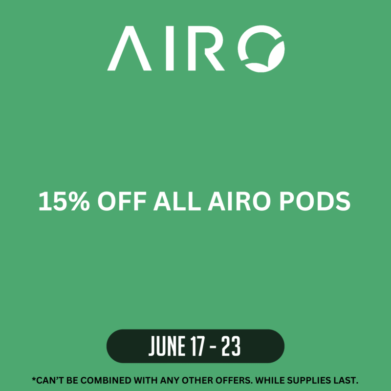 Airo_website deals page Promotional graphic for Airo featuring a green background and white text. It announces "15% OFF ALL AIRO PODS" with the date range "June 17 - 23" displayed in a black oval at the bottom. A disclaimer reads "*Can’t be combined with any other offers. While supplies last."