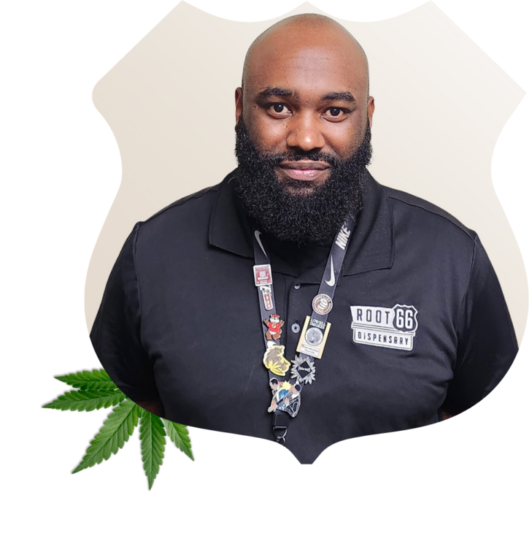 Cedric Kelley - Dogtown Store Manager. A cannabis leaf is in the bottom corner of the image.